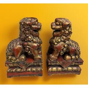 Vintage Mid Century Pair Hand Carved Wood Red Gold Gilt Foo Dogs 10"x6"x4" Asian